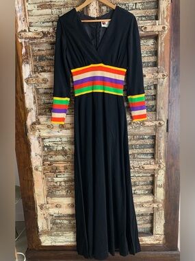VTG Eve Le Coq 70s Black Knit Disco Glam Maxi Dress, Mod Hostess, Boho Chic, S/M